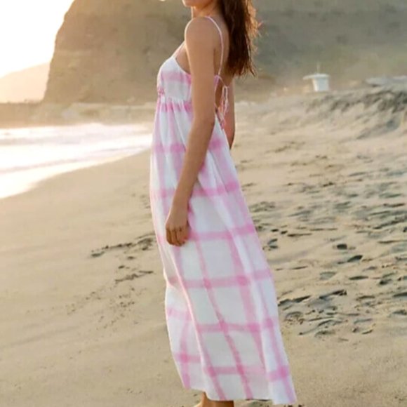 Anthropologie Maeve 1X NWT Pink Plaid Linen Tie-Back Maxi Dress Bohemian 180$ - Picture 7 of 13